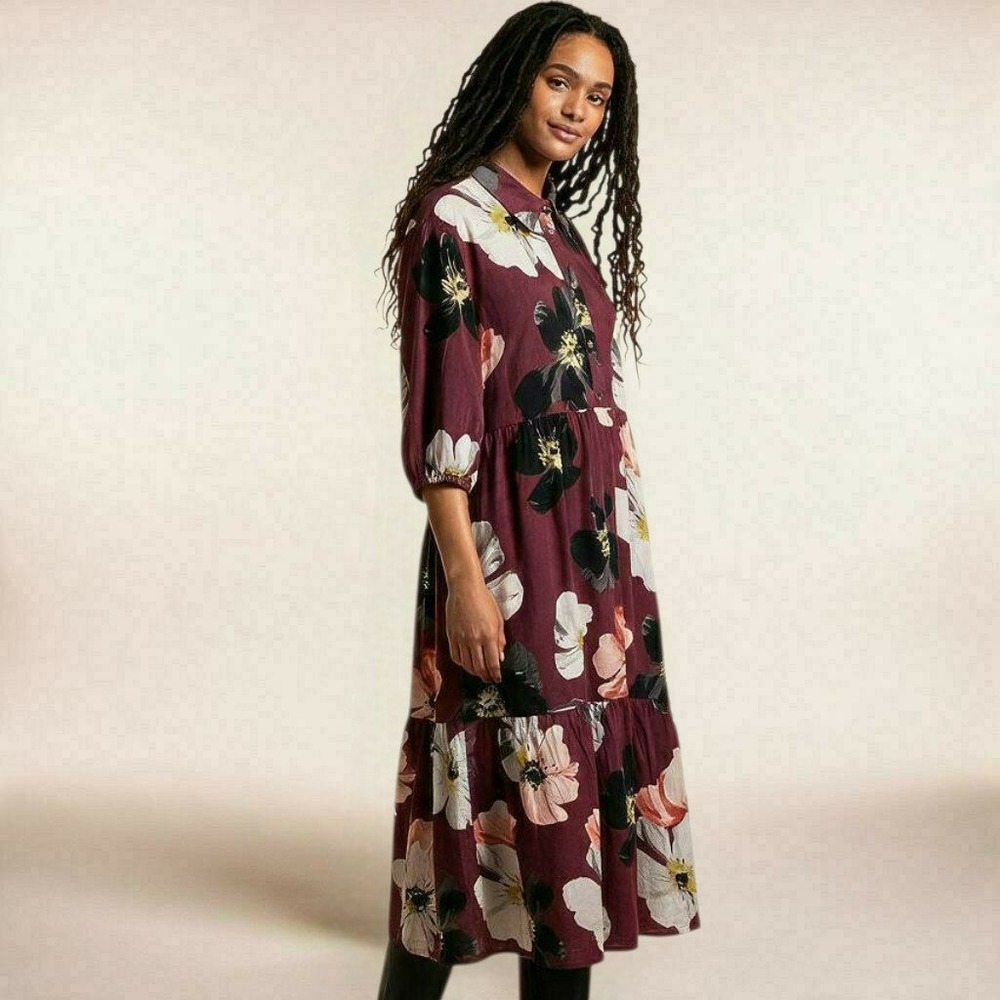 Maeve Anthropologie Bettina Tiered Midi Shirtdress Maroon Floral Large OB1671633